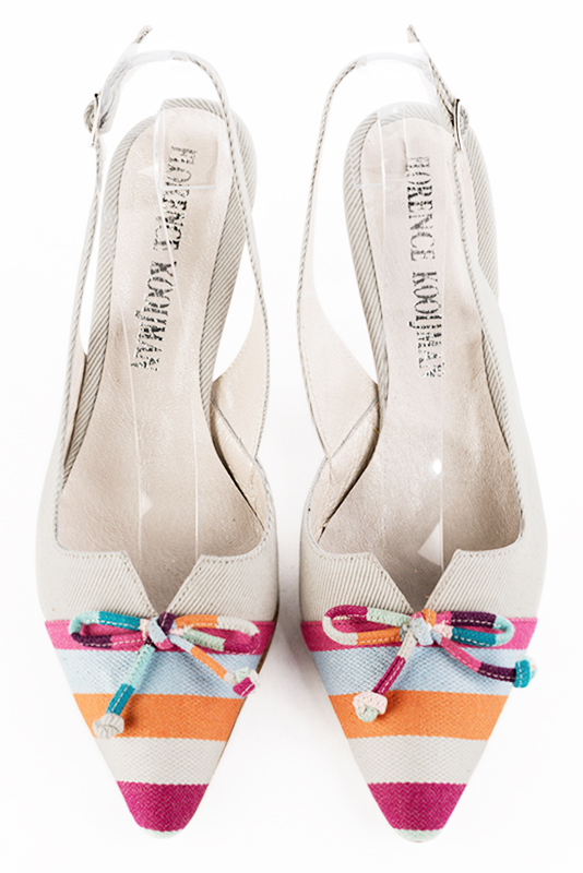 Light pink and off white women's open back shoes, with a knot. Tapered toe. Medium spool heels. Top view - Florence KOOIJMAN